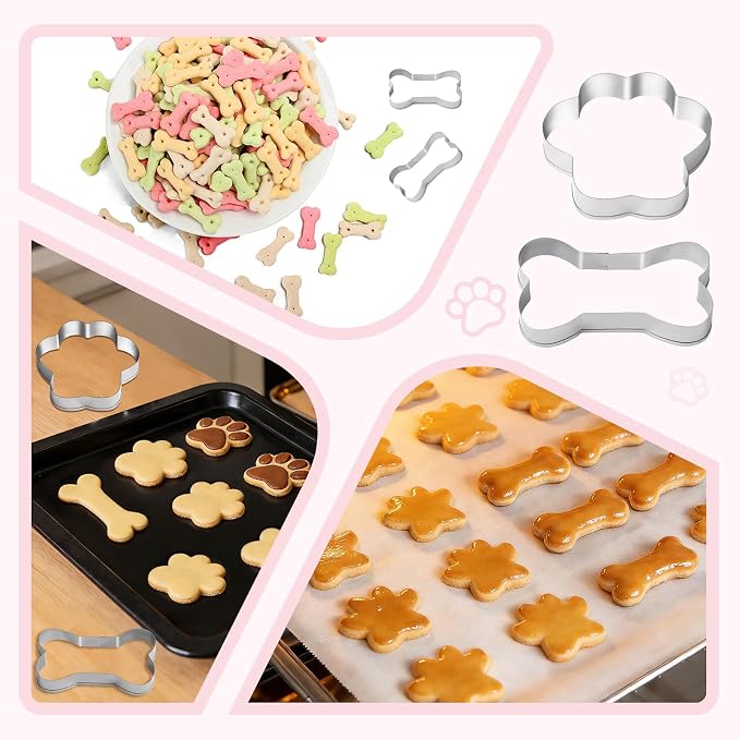 6 PCS Bone and Dog Footprints Cookie Cutters Set, 3 Sizes Stainless Steel Bone & Paw Print Shaped Cookies Cutter for Homemade Baking Theme Party Homemade Treats