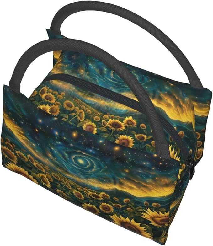 Sunflower Field Under Starry Galaxy Sky Lunch Box for Women Girls Adults Insulated Cosmic Swirl Clouds Lunch Bag for Work Picnic Travel Gifts Cooler Thermal Large Capacity Reusable Tote Makeup Bags