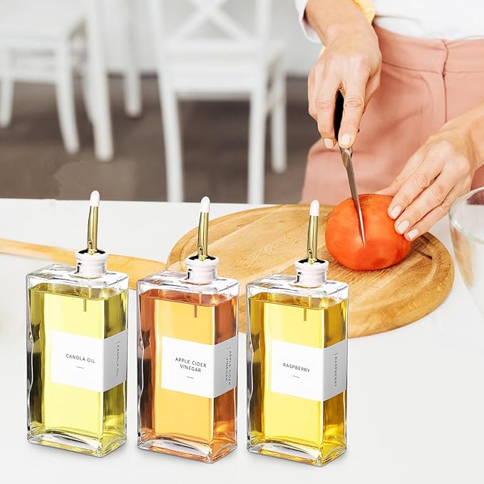 Reallnaive 6 Sets Olive Oil Dispenser Bottles for Kitchen with Nozzles Funnel Labels Cooking Oil Dispenser 500ml Set for Kitchen Vinegar Coffee Syrup (Gold)