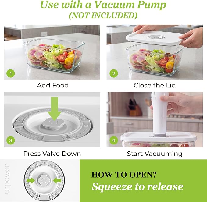 URPOWER Glass Vacuum Seal Containers for Food Storage, 3PCS Set(S,M,L) with Lids, Airtight Food Storage Containers, Stackable Vacuum Containers for Leftovers, Meal Prep, Fridge, Freezer & Pantry