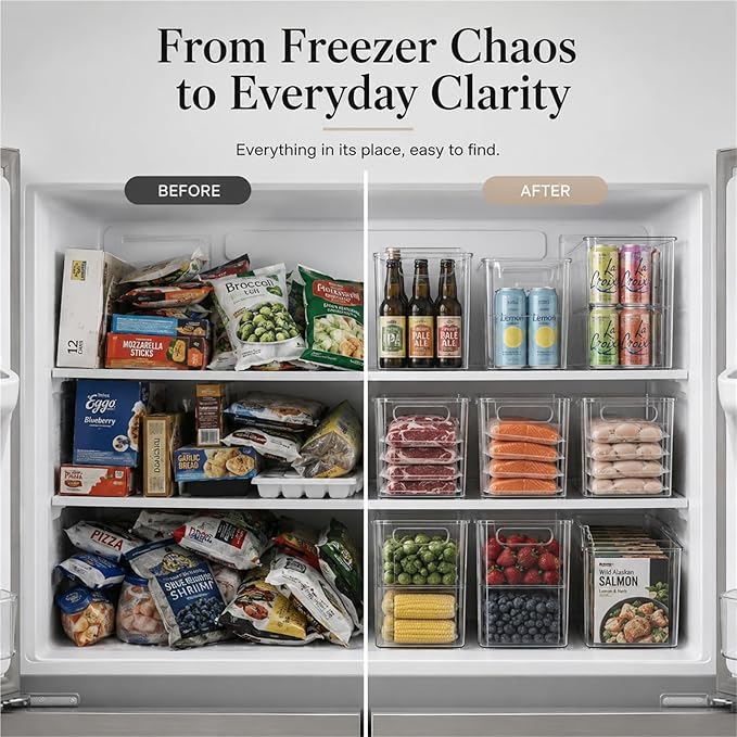 Crystal Clear Freezer Storage Bins, Stackable Kitchen Cabinet Organizer With Handles For Frozen Food, Meat & Veggies, Shelves, Kitchen, Cabinet(4SMALL)