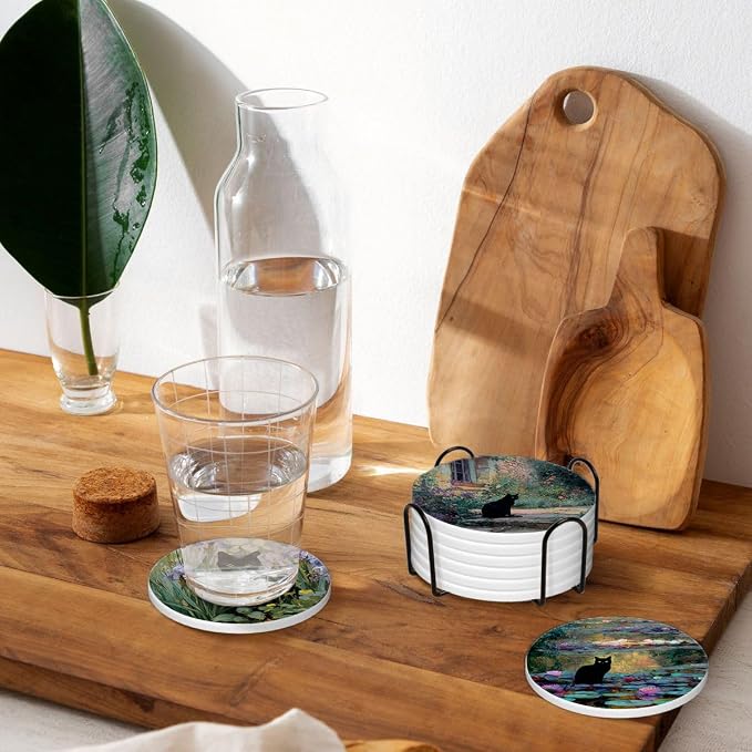 Drink Coasters for Drinks Set of 6, Water Lilies Art and Black Cat Absorbent Round Ceramic Stone Mat Coaster, with Cork Base and Metal Holder, Home Bar Decor House Warming Gift
