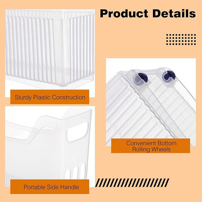 3 Pcs Stackable Freezer Organizer Bins, 13.4 X 9.8 X 3.5 In Clear Plastic Pantry Storage Baskets With Wheels And Handles, Rolling Storage Bins For Kitchen, Office