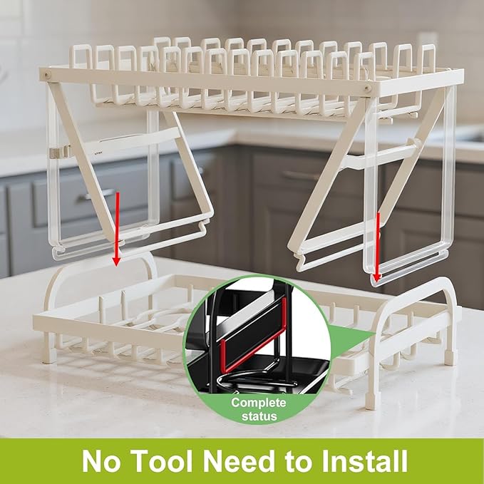 2 Tier Dish Drying Rack, Small Dish Rack for Kitchen Counter, Detachable Capacity Dish Drainer Organizer with Cutlery & Cup Holder (White)