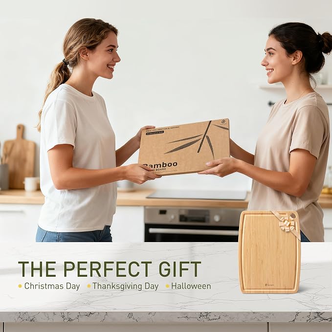 Lightweight Durable Bamboo Cutting Board with Non-Slip Feet, Reversible Wood Cutting Board with Juice Groove Easy to Store & Clean, Water-Resistant Ideal Kitchen Gift for Home Cooks