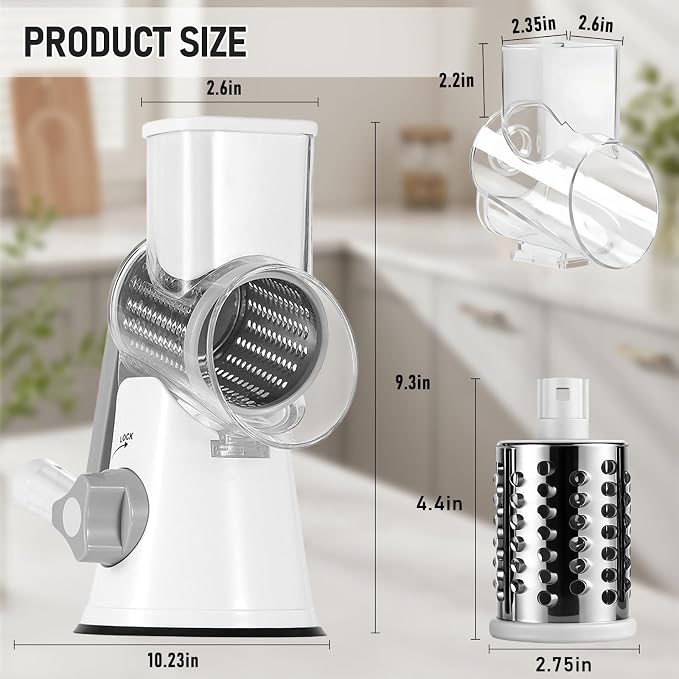 Rotary Cheese Grater Hand Crank Cheese Shredder, Kitchen Mandoline Vegetable Slicer for Fresh Cheese, Vegetable, Nuts, Non-slip Suction Base, 3 Blades