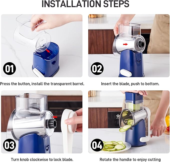 VEKAYA Rotary Cheese Grater Hand Crank with 4 Interchangeable Stainless Steel Blades, Large Manual Handle Shredder and Waffle Slicer for Vegetables, Cheese and Nuts with Table Suction Base(Blue)