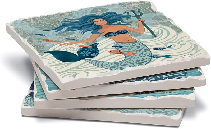 Thirstystone Mermaid Island 4 Pack Assorted Tumbled Tile Stone Coasters with Protective Cork Backing Manufactured in The USA Absorbent Easily Wipes Clean