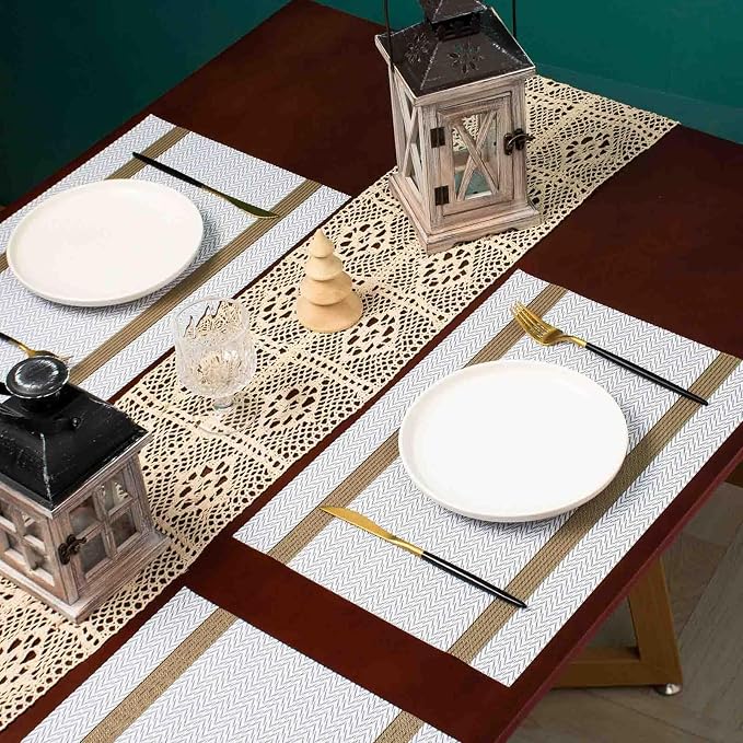 AHHFSMEI Placemats Set of 8 Washable Woven Vinyl Placemats for Dining Table Heat Resistant Non-Slip Stain Resistant Table Mats for Kitchen & Home Decor(White Wave Stripe,8)