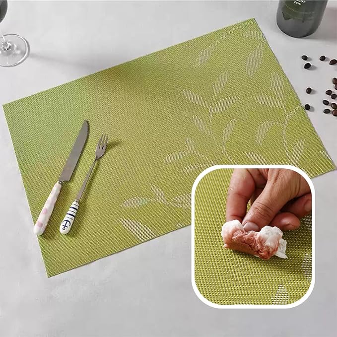 Leaf Placemats Set of 6 Non-Slip Heat-Resistant Vinyl Washable Place Mats for Kitchen Table Indoor Outdoor Durable (18"x12", Black)