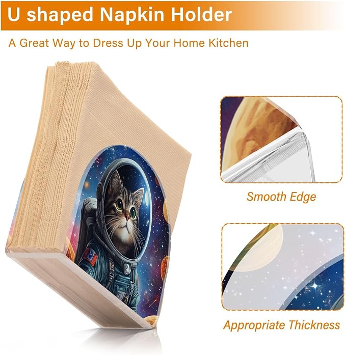Fustylead Outer Space Themed Astronaut Cat Napkin Holder for Table Acrylic Vertical Napkin Holders for Paper Napkins Decor Napkin Dispenser for Home Party Dining Cocktail Kitchen Accessories