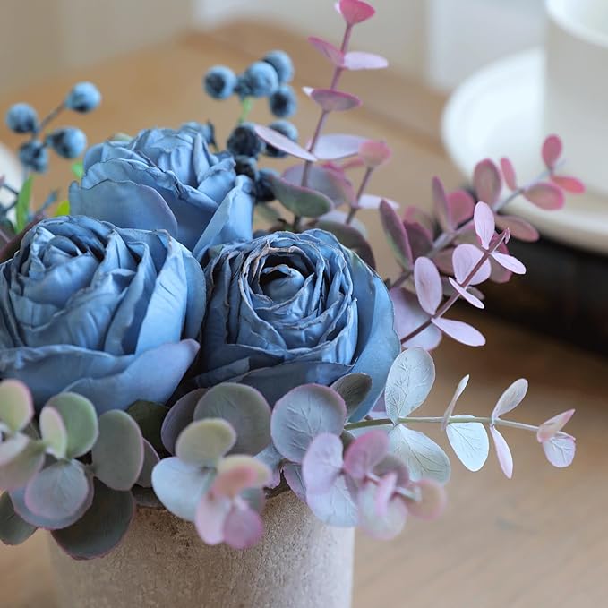Small Artificial Burnt Blue Rose Potted Plant, 6" Fake Silk Flowers in 3" Cylindrical Pot, Mini Faux Floral Arrangement for Desk Shelf Bathroom Decor