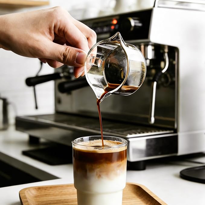 Glass Espresso Cups Set of 2, 4 OZ Double Spouts Cups espresso measuring with handle Clear Glass Milk Coffee Accessories for Machine