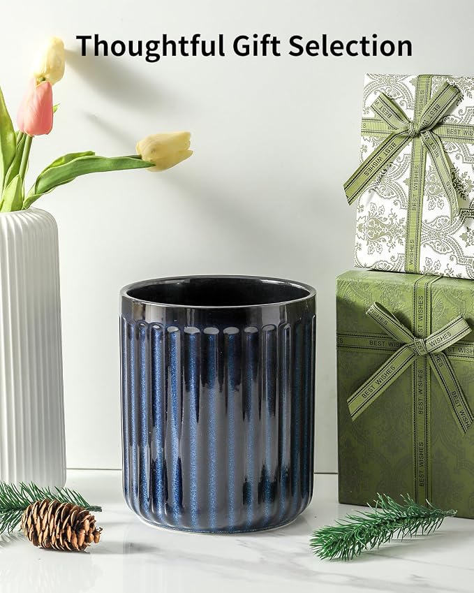 HASENSE Ceramic Utensil Holder, 7.3" x 6.2" Ribbed Utensil Crock for Farmhouse Decor, Porcelain Cooking Utensil Holder for Kitchen Countertop, Utensil Organizer for Housewarming Gift, Navy Blue