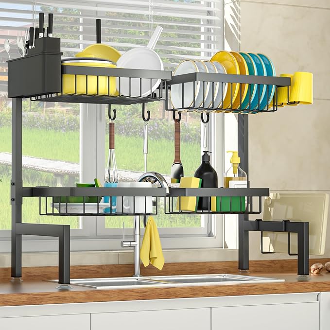 SNSLXH 4 Baskets 2-Tier Over The Sink Dish Drying Rack, 26.57"-35", Large Sink Rack for Kitchen, Extensible and Adjustable, Saving Kitchen Space