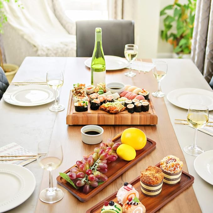 Skylety 15 Pack Solid Wood Serving Tray Large Acacia Party Server Platter Rectangular Charcuterie Board with Grooved Handle for Home kitchen Cheese Appetizer Farmhouse Table Supplies (13.8 x 5.4 Inch)