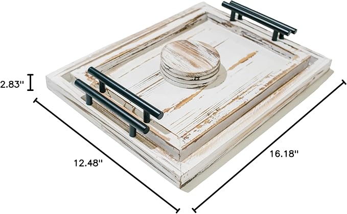 Decorative Ottoman Serving Tray Wooden Rustic (Set of 2) | Black Sleek Metal Handles | 4 Matching Coasters | Coffee Table Decor | Serving Kitchen Platter (Rustic White)