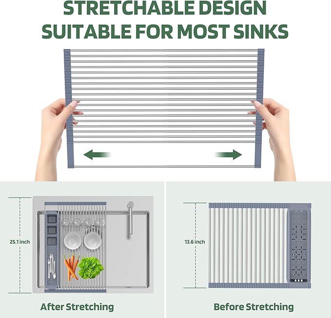 BBXTYLY Expandable Roll Up Dish Drying Rack,Over The Sink Drying Rack Sink Kitchen Accessories Rolling up Stainless Steel Drainer, Foldable with Removable Utensil Holder(Gray)