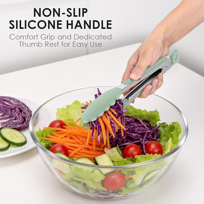 HOTEC Silicone Kitchen Tongs Set of 2-9" and 12" Locking Stainless Steel Cooking Tongs with Silicon Tips Non-Scratch Heat Resistant 600°F for BBQ, Grill, Air Fryer & Serving, Light Green