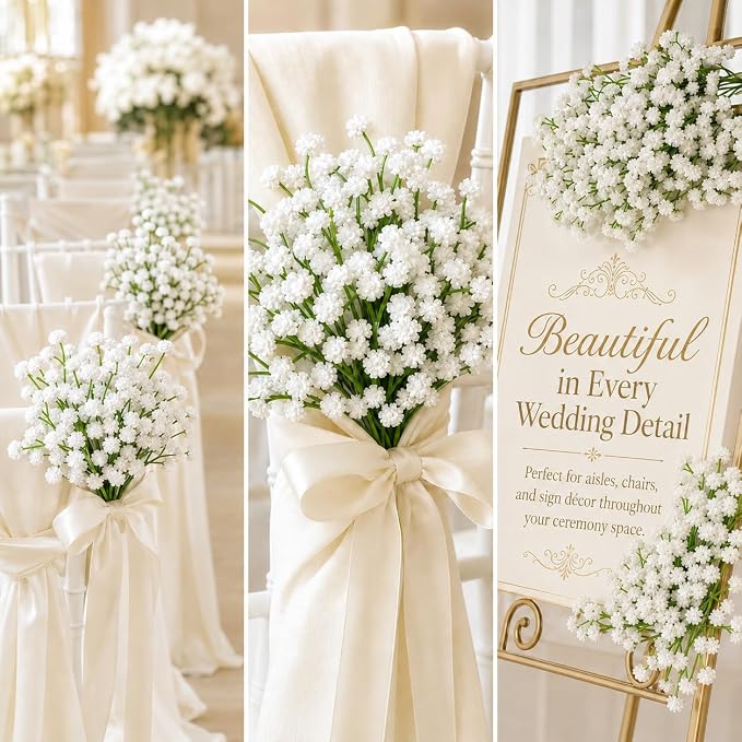 150 Pcs Artificial Baby's Breath Flowers Bulk, Real Touch White Gypsophila Fake Flowers with Bendable Stems for Wedding Bouquets, Centerpieces, DIY Crafts, Home Garden Decor