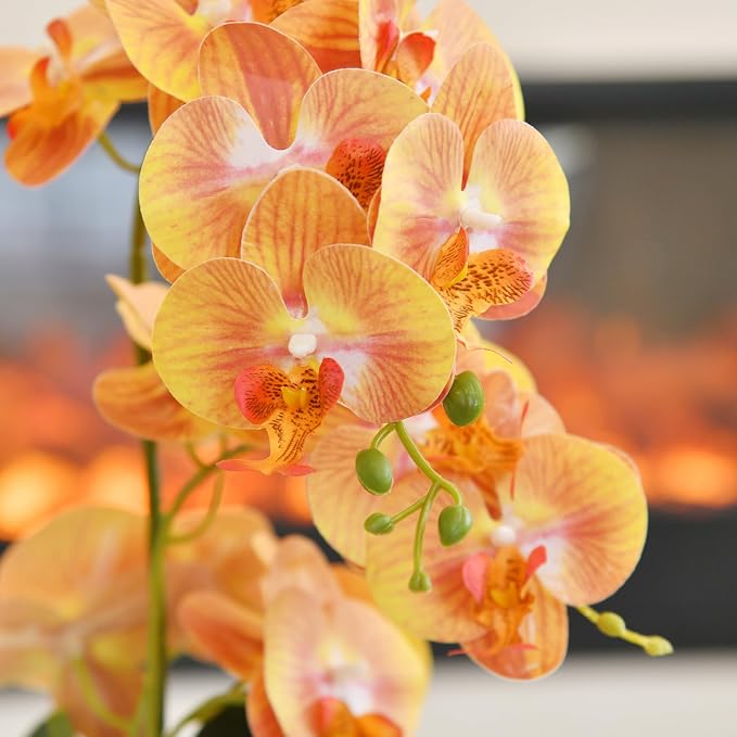 19" H Phalaenopsis Faux Orchid Plant Silk Orchid Centerpiece Artificial Floral Arrangement in Ceramic Pot (Orange)