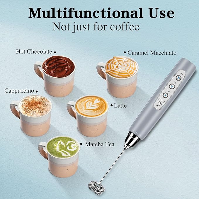 BSRGMS Milk Frother Handheld for Coffee, Electric Whisk 3 Speed Adjustable, Drink Mixer with Stainless 3 Whisks, Rechargeable Hand Frother Wand, Foam Maker for Latte Cappuccino Hot Chocolate Egg