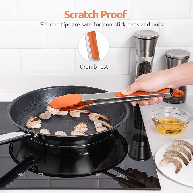 600ºF Heat Resistant Kitchen Tongs: U-Taste 12 inch Large Silicone Cooking Tong with Sturdy Non Stick Rubber Tips & Silicon Coated 18/8 Stainless Steel Handle & Smooth Locking for Serving Grill-Orange