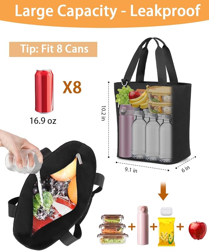 GLENKEY Insulated Lunch Bag Tote Lunch Box - Large Leakproof Cooler Bags for Adults - Soft Lunchbox for Women Work Shift Outdoor Travel Black 8L