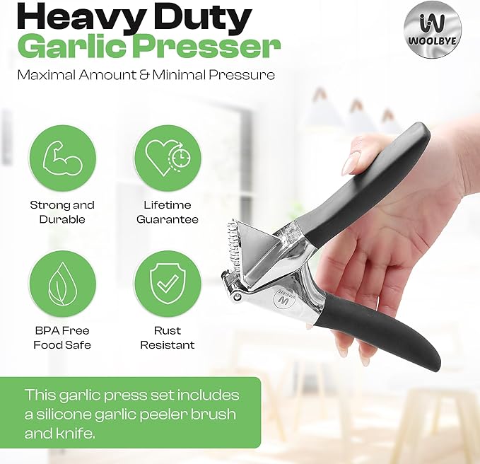4-in-1 Garlic Press Set - Stainless Steel Garlic Press, Garlic Press, Chopper, Grinder, Grater, Mincer with Peeler, Silicone Tube Roller, Brush and Knife - The Essential Garlic Mincing Kit