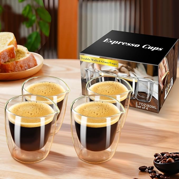 PARACITY Espresso Cups Set Of 2, Double Wall Insulated Glass Coffee Mugs 5.5 OZ, Cappuccino Cups with Handle, Clear Glass Coffee Cups Travel Camping for Cappuccino/Latte/Tea/Shots … (5.5OZ)