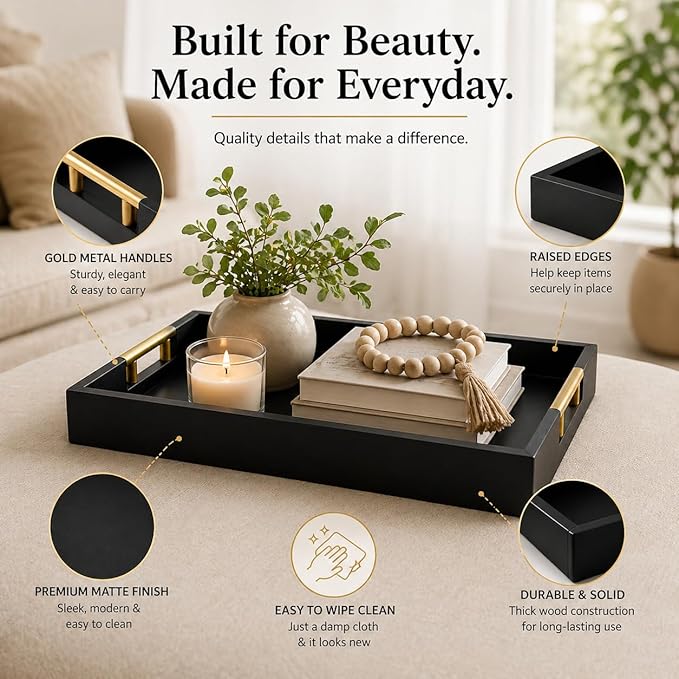 Luxury Black Ottoman Tray with Gold Handles – 12x17 Large Decorative Serving Tray for Coffee Table, Couch, Breakfast in Bed & Home Décor – Modern Wood Display Tray
