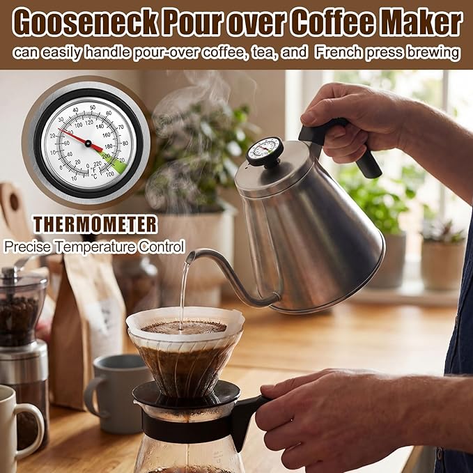 2 Pack 40 oz Gooseneck Kettle with Thermometer Stainless Steel Pour over Coffee Kettle Precision Drip Spout for Stovetop Home Kitchen Camping(Black and Silver)