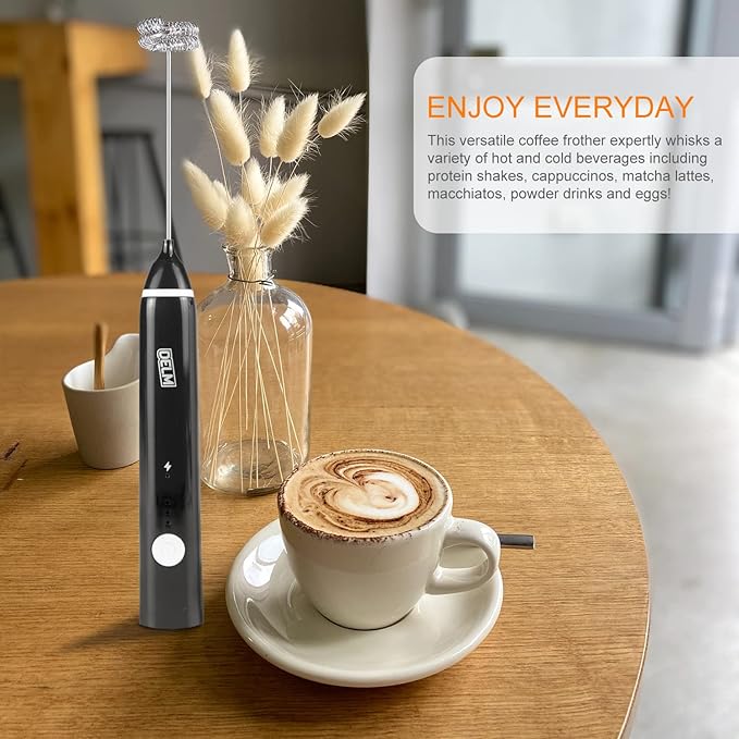 Delm Milk Frother Electric USB Stainless Steel Accessory - Frother Wand Foam Maker for Lattes - Milk Frother Handheld for Cappuccino, Frappe, Matcha, Hot Chocolate - Frother for Coffee (black)