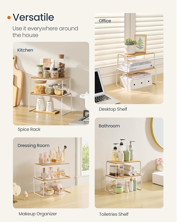SONGMICS HOME Cabinet Organizer Shelf, Set of 2 Kitchen Counter Shelves, Kitchen Storage, Spice Rack, Stackable, Expandable, Metal and Bamboo, Light Bamboo UKCS050N01