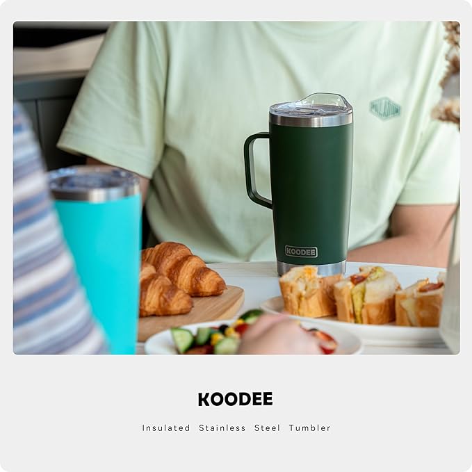 koodee 20 oz Insulated Coffee Mug with Lid and Handle, Stainless Steel Double Wall Vacuum Camping Mug Travel Coffee Tumbler (Grass Green)