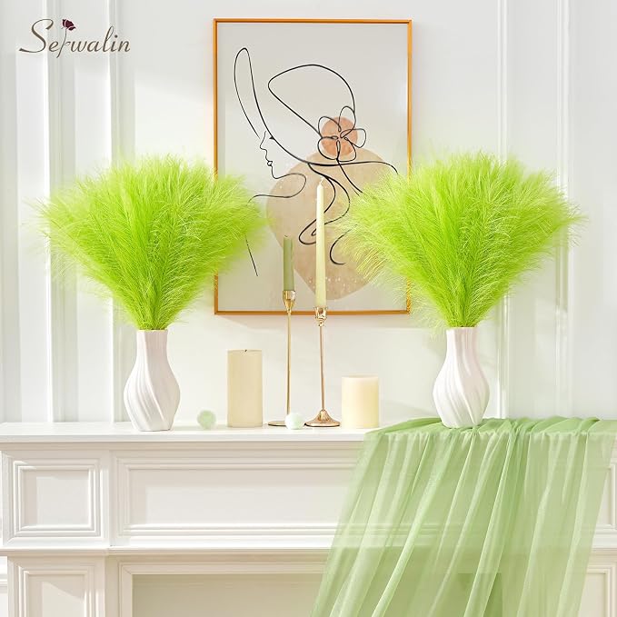Serwalin 60PCS Pampas Grass Home Decor, 17.7Inch Light Green Faux Pampas Grass Bulk Boho Decor for Vase Filler for Home Wedding Table Centerpiece Christmas Decor