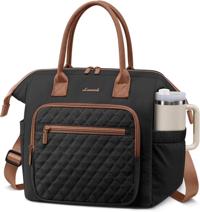 LOVEVOOK Lunch Bag Women, Puffer Insulated Adult Lunch Box for Women Work, Wide Opening Leakproof Cooler Tote for Office Campus Picnic Beach with Cup Holder, Loncheras Para Mujer with Shoulder Strap