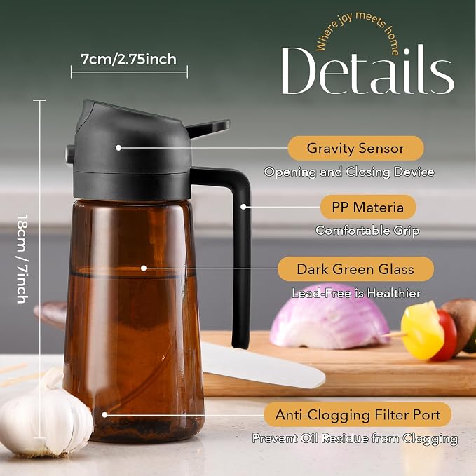 YARRAMATE 16oz/470ml Light Blocking Oil Sprayer for Cooking with Stickers, Food-Grade 2 in 1 Olive Oil Dispenser Bottle for Kitchen, Premium Dark Amber Glass Oil Bottle for Air Fryer, BBQ (Black)