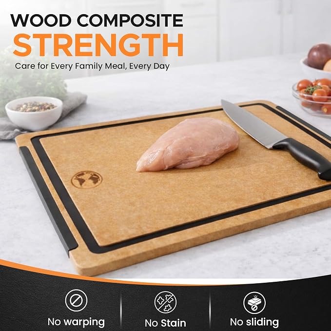 Earth's Dreams Composite Wood Cutting Board Set of 3 – Built In Juice Groove, Dishwasher Safe,Cutting Boards for Kitchen – Large, Medium & Small Non-Slip Wood Charcuterie & Chopping Boards (Tan/Black)