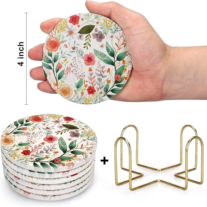 6 Pack Cute Flower Drink Coasters with Holder Funny Ceramic Absorbent Coaster Set of 6 Decorative Coffee Table Decor Gift Unique Desk Vintage Outdoor Coster Modern Cool Floral Tea Cup Boho Coasters