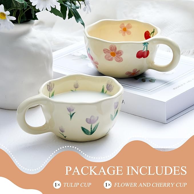 Vesici 2 Pcs Ceramic Coffee Mugs with Spoon, Vintage Floral Spring Mugs with Handle, 8.5 oz Aesthetic Flower Porcelain Tea Cup Set, Dishwasher & Microwave Safe Mothers Day Gifts for Mom(Cherry)