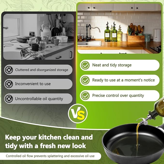 COOLMI Olive Oil Dispenser Set of 2, Dark Green Glass Bottles, 12 oz | Black Auto-Flip Drip-Control Spouts, Funnel, 2 Brushes, And 45 Labels For Oil, Vinegar, Soy Sauce, And Syrup.