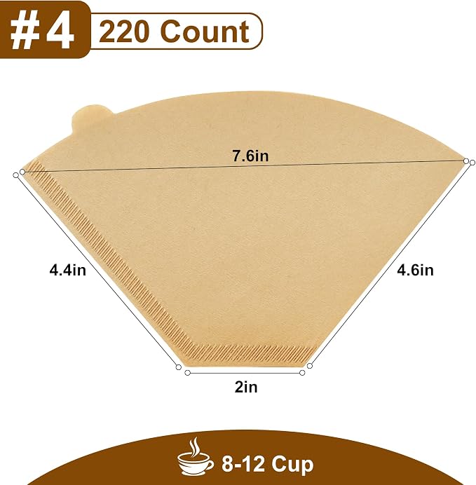 220 Count #4 Cone Coffee Filters, Tear-Resistant, Unbleached Natural | Coffee Filters Compatible with 8-12 Cup Coffee Makers, Drip and Pour-Over