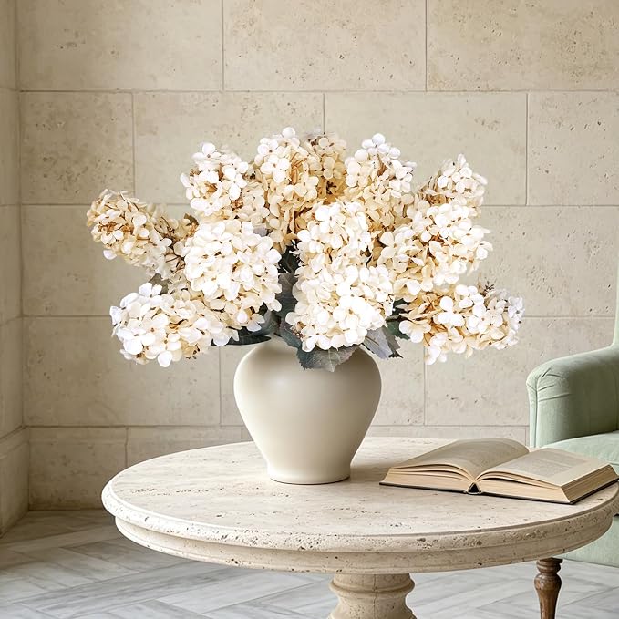 2FT Hydrangea Artificial Flowers - 10 PCS Long Stem Faux Cone Hydrangeas for Tall Vase, DIY Vintage Floral Table centerpieces for Dining Room, and Home Kitchen Decorations - Ivory White
