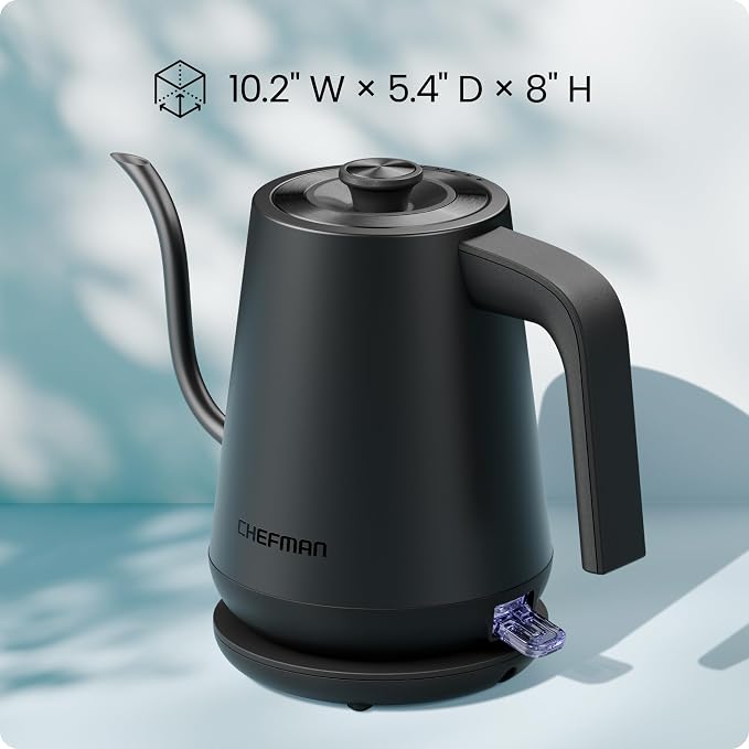 Chefman Gooseneck Electric Kettle, 0.8L Pour Over, Black | One-Touch Operation, Boil-Dry Protection, Auto Shut-Off, Ultra-Fast Hot Water Boiler, For Coffee and Tea