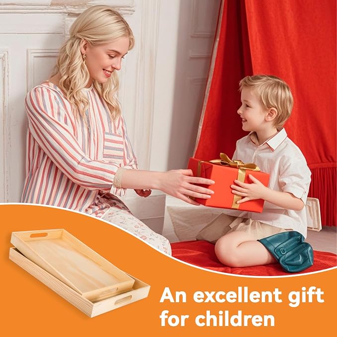 Wooden Serving Trays with Handle - 2 Pieces Unfinished Wood Nested Breakfast Food Serving Trays for Craft Kids Montessori Snacks Home Decor Kitchen Party Dinner