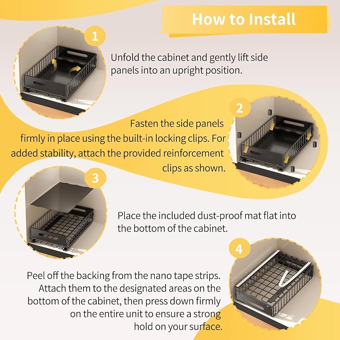 PureBox Pull Out Cabinet Organizer, Slide Out drawers for cabinets, Heavy Duty Carbon Steel Roll Out Shelves for kitchen, bathroom, pantry (14.7’’-23.1’’ Slide, Adhesive & Screw), 1 Pack, Black