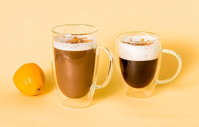 MEWAY 12oz/2 PACK Coffee Mugs,Clear Glass Double Wall Cup with handle for Coffee, Tea, Latte, Cappuccino (12 oz,2)