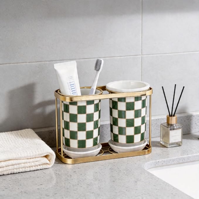 Multi-functional Ceramic Checkered Utensil Crocks,Kitchen Utensil Storage, Bathroom Checkered Bathroom Toothbrush Holder, Flatware Organizer & Home Accessory