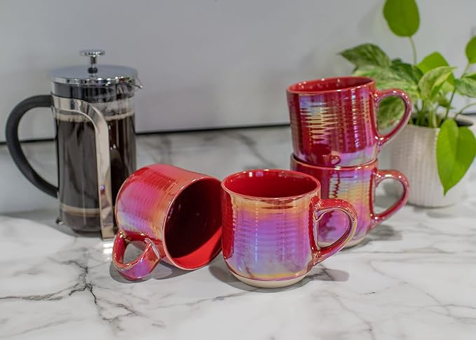 Elanze Designs Glossy Reactive Glaze Large 17 Fluid Ounce Everyday Kitchen Food Grade Ceramic Stoneware Coffee Mug Cup with Comfort Curved Handles, Set of 4, Red